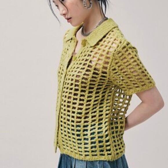 BDG Urban Outfitters Osaka Open-Knit Polo Cardigan Sweater Green Size S - Picture 2 of 10